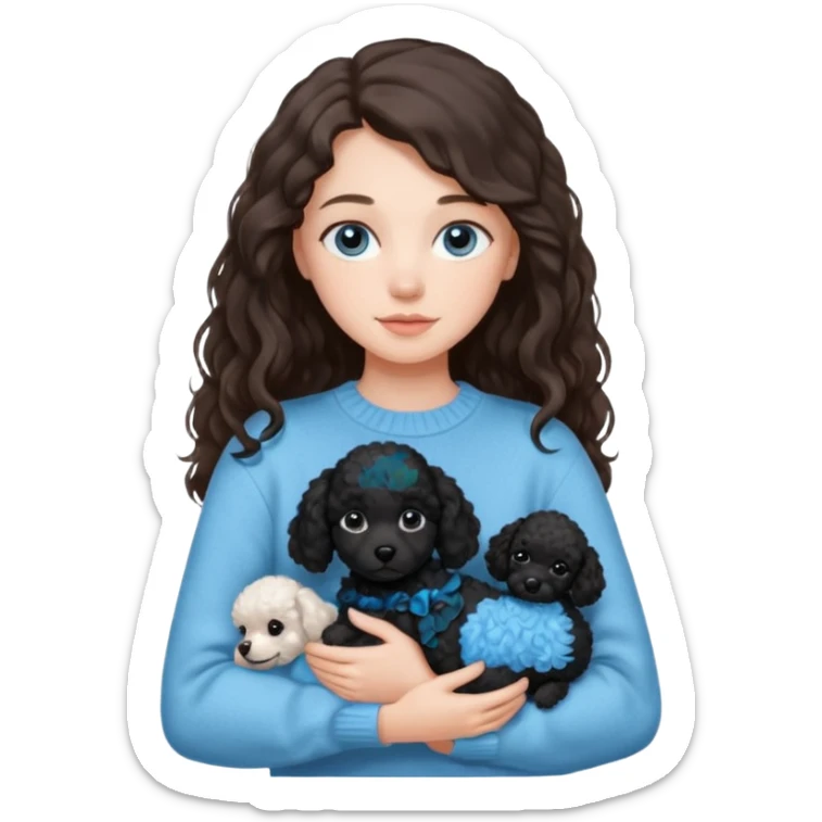 One Brunette girl with blue eyes and long hair in a light blue sweater holds one black Poodle puppy in her arms sticker