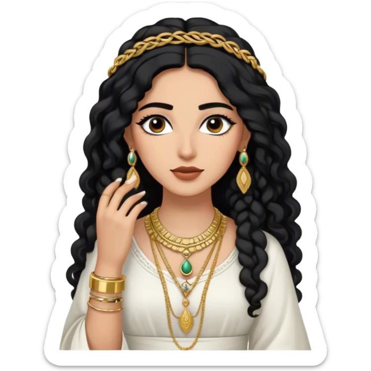 The Palestinian woman, she had long curly black hair and well defined eyebrows wears a white traditional dress. Her accessories steal the spotlight—intricately designed gold bangles, statement rings, and layered necklaces— she doesn’t have a head or hair accessories sticker