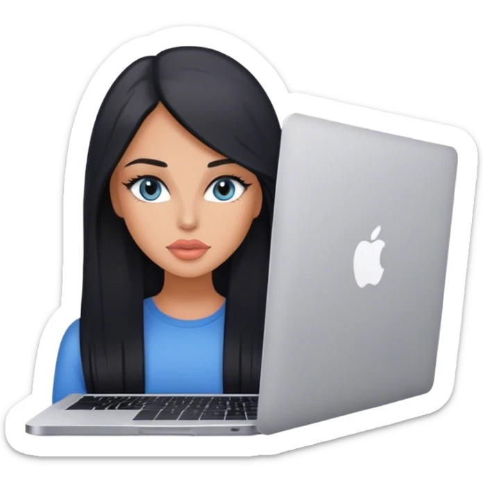 Glamours tanned very beautiful girl with pump peach nude lips and black straight smooth long hair, blue-grey eyes with MacBook sticker