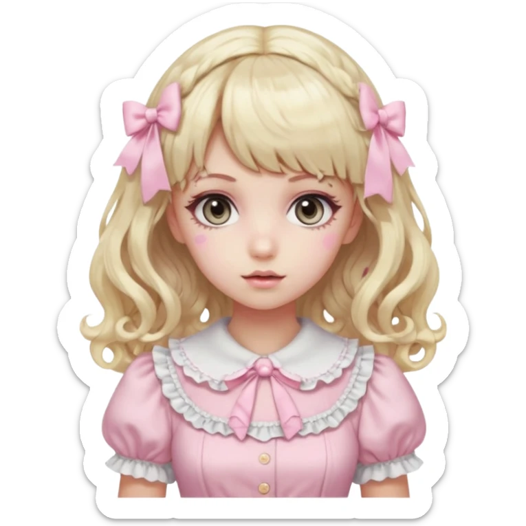 pale girl , who has curly medium length blonde and baby pink swirled hair with bangs , grey eyes , and doll like makeup , in a light pink lolita hime gyaru dress  sticker