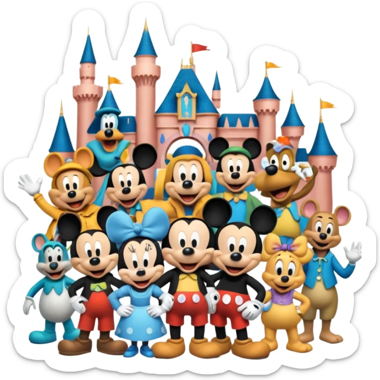 Colorful icon for Animated Movies: A vibrant collage featuring iconic characters like Goofy, Mickey Mouse, Franco, Masha and the Bear and Luntik. Each character should be large and bright, set against a cheerful and playful background of Disneyland. Transparent background. sticker