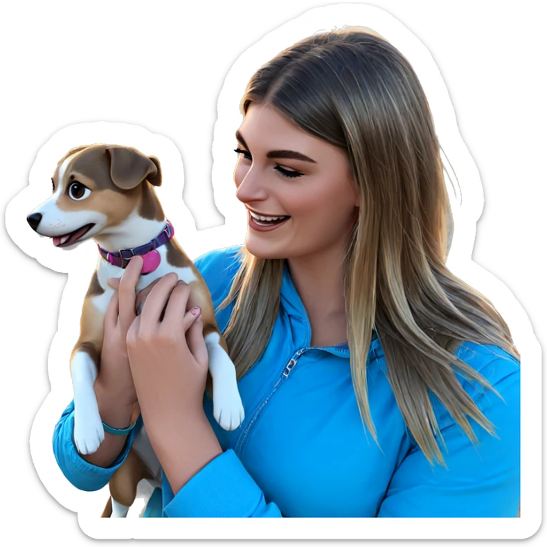 girl holding smiling dog sticker