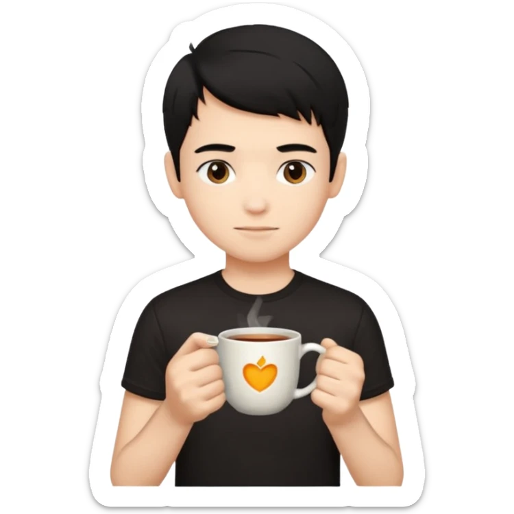 The boy teen have a black hair, and black T-shirt with a cup of tea sticker