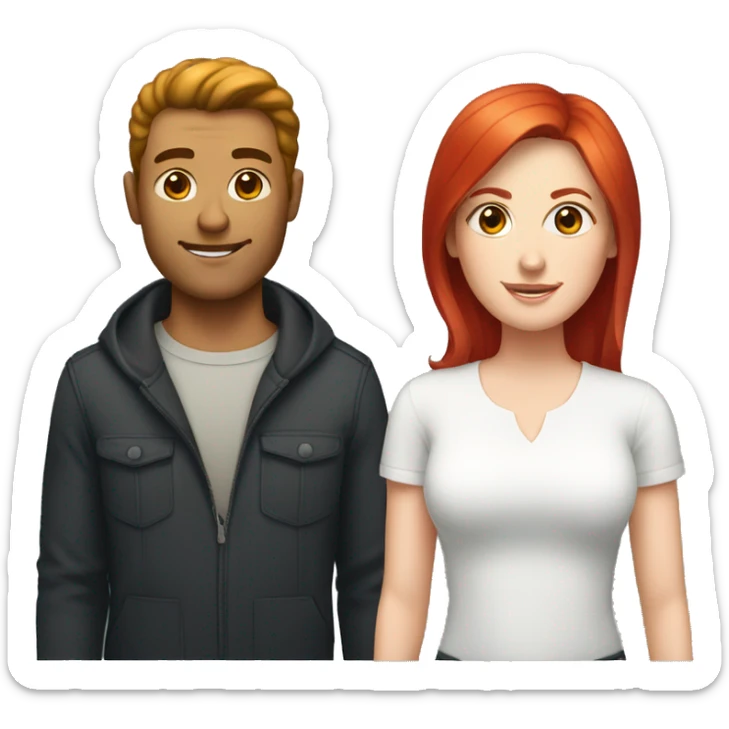 a gay man with short dark hair and a white woman with long red hair sticker