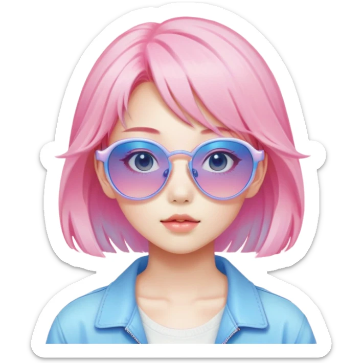 Vaporwave aesthetic Japanese girl with pastel pink hair, retro 80s sunglasses, nostalgic color palette of pink and blue, Japanese kanji characters floating, gradient background sticker