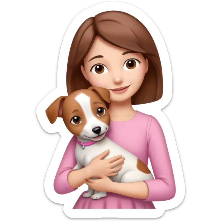 Joven mujer pelo marron vestida de rosado abrazando a su perro color beige crema que es un estilo de jack russel sticker