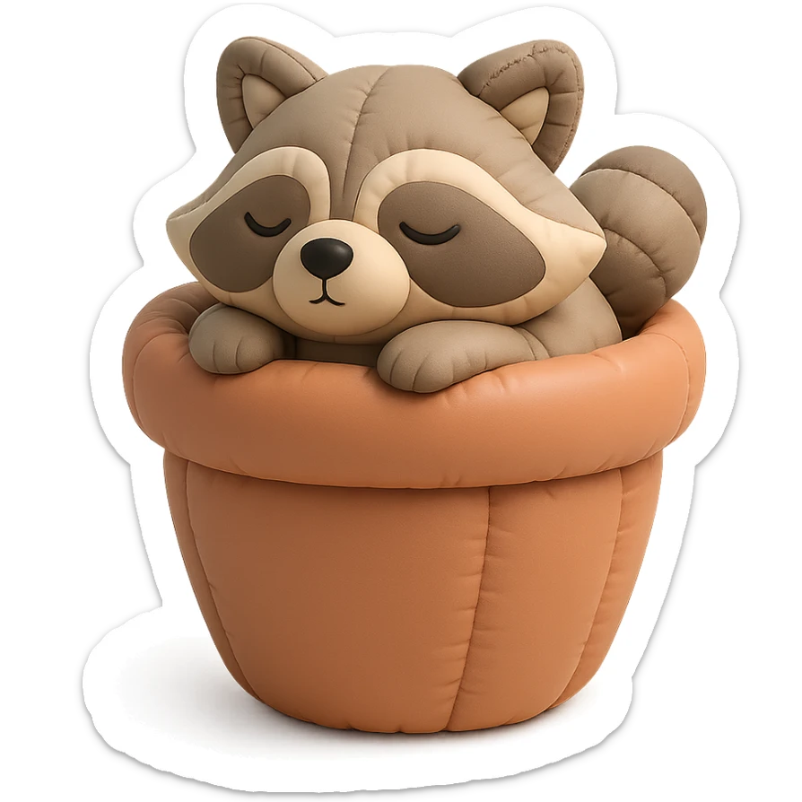 sleepy raccoon inside a flower pot, pastel earthy colors, cushion style sticker