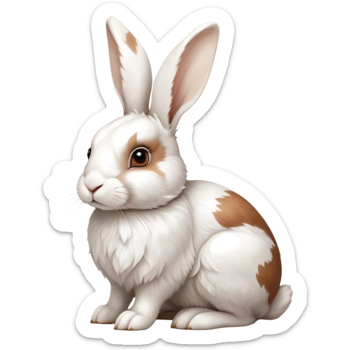 Cinematic Noble White and Brown Rabbit Portrait Emoji, Poised and regal, with a balanced, compact build and a beautifully patterned fur of pristine white accented by rich brown patches, long, alert ears and deep-set soulful eyes, Simplified yet sharp and sophisticated features, highly detailed, glowing with a soft, dignified glow, high shine, intelligent and gentle, stylized with an air of refined charm, focused and attentive, soft glowing outline, capturing the essence of a watchful and confident companion, so majestic it feels as though it could hop out of the screen with effortless authority! sticker