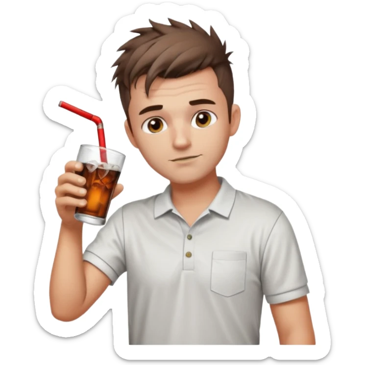 Handsome male.short messy brown hair.mowhawk hairstyle. wearing white golf shirt.grey shorts. Drinking brandy and coke . Drunk sticker