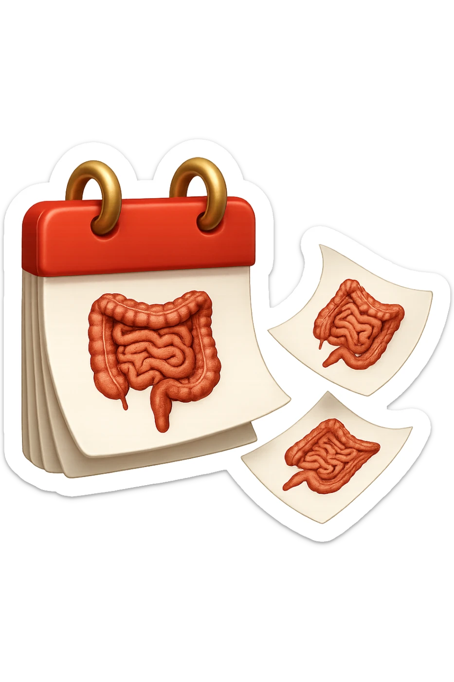 emoji stile iphone di un calendario con fogli che volano insieme, sui fogli ci sono disegnati degli intestini anatomici, iperrealistico 4k, isolato su sfondo bianco sticker