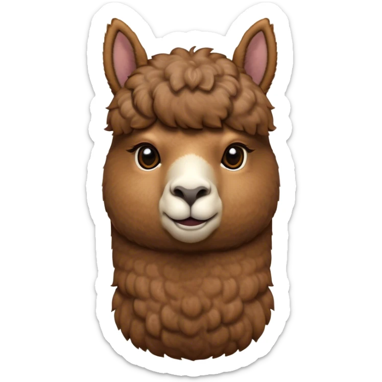 Cinematic Noble Brown Alpaca Portrait Emoji, Poised and regal, with a sturdy, graceful build and a rich, well-groomed brown fleece, deep-set soulful warm eyes, Simplified yet sharp and sophisticated features, highly detailed, glowing with a soft, dignified glow, high shine, intelligent and serene, stylized with an air of pastoral elegance, focused and attentive, soft glowing outline, capturing the essence of a watchful and confident companion, so majestic it feels as though it could stride out of the screen with effortless authority! sticker