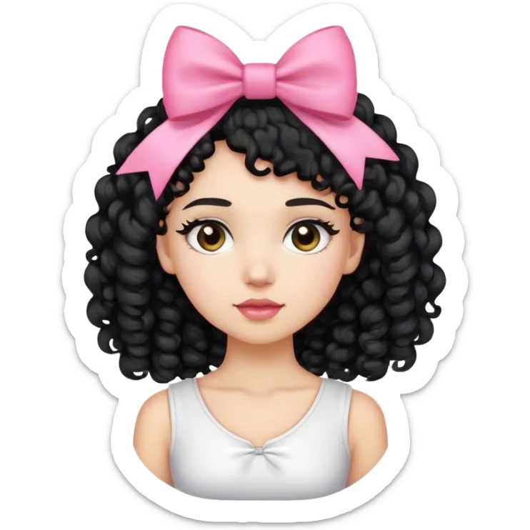 Light skined girl with black curly hair till the neck wearing white top or shirt and a pink bow on her hair in the left side  sticker