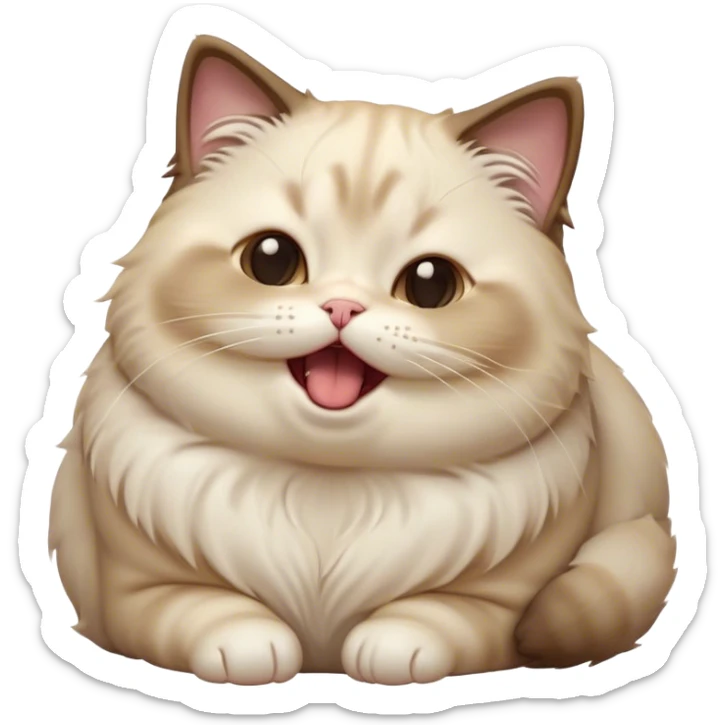Cinematic Cute Chubby Ragdoll Cat Portrait Emoji, Head tilted playfully and yawning, round and plump body with soft, silky fur in a mix of light and darker points, Simplified yet adorable features, highly detailed, glowing with a warm, friendly glow, high shine, curious yet calm, stylized with a touch of whimsy, bright and endearing, soft glowing outline, capturing the essence of a mischievous yet loving and lazy kitty, so cute it feels like it could stretch out of the screen and cuddle! sticker