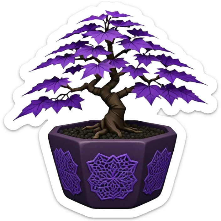  Earthenware ware small short cascading black violet bonsai pot plant purple lace-leaves maple tree with triangular angular multi-hexagon faceted asymmetrical originally shaped pot sticker