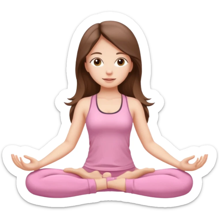 girl with long brunette hair and light brown eyes doing yoga pose wearing light pink clothes sticker