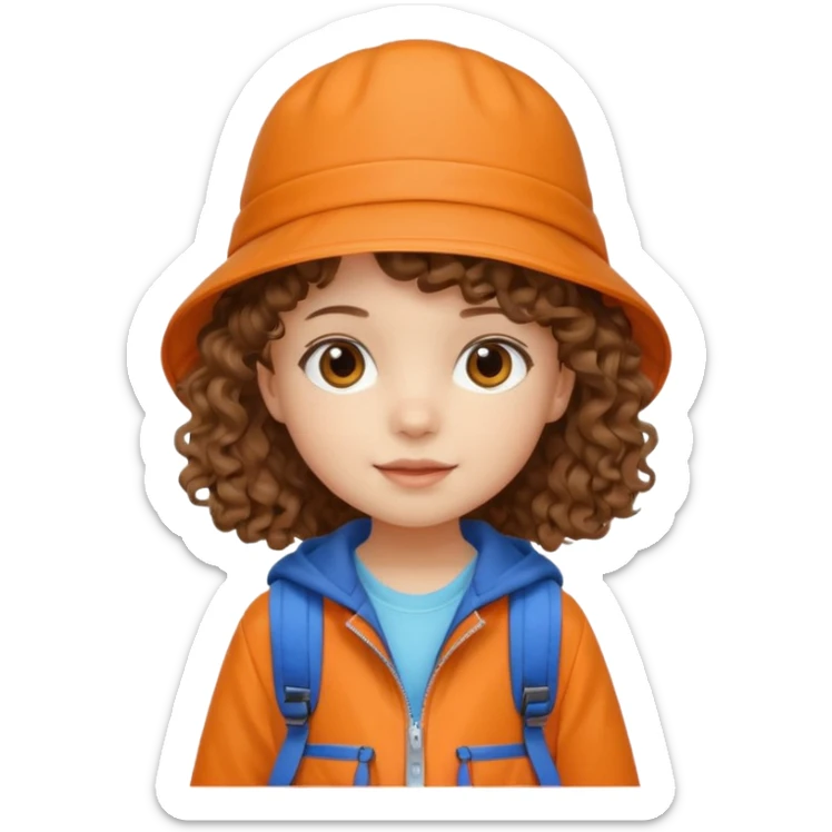 A little girl student curly brown hair, with beige bucket hat, orange jacket, blue backpack sticker