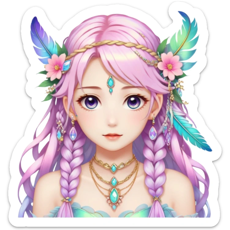 Beautiful gorgeous anime lady with beautiful iridescent-braided-hair, fashion aesthetic, ethereal, fairycore, pastelcore, feathers, flowers, gems, accessories, jewelries, gold, colorful sticker