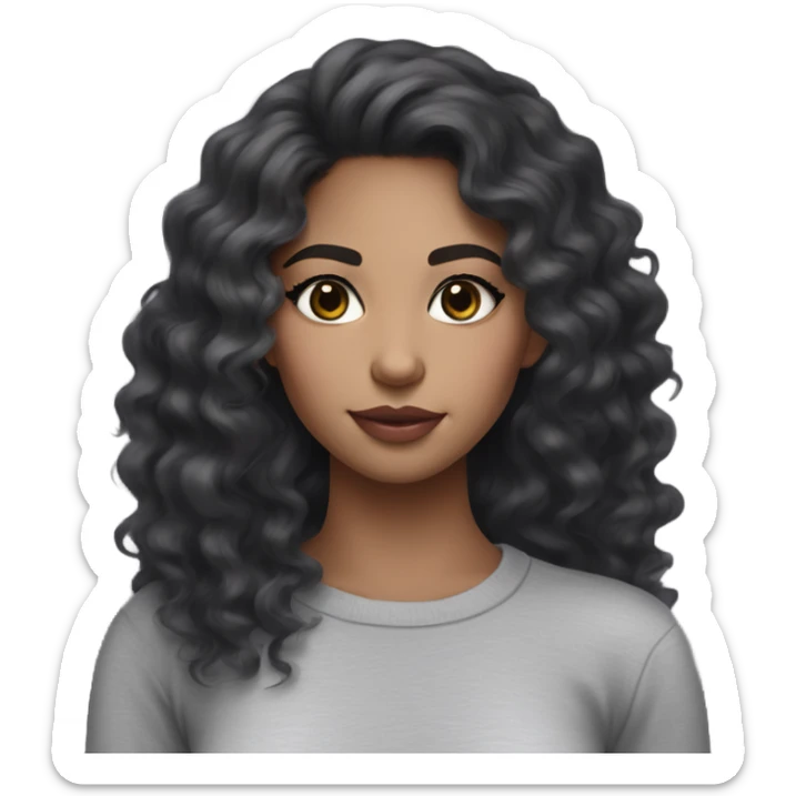 mixed girl with chest black long wavy curly hair and brown eyes and has long lashes on and noticeable blush and her lips are pink and shes wearing a tight grey long sleeve top sticker