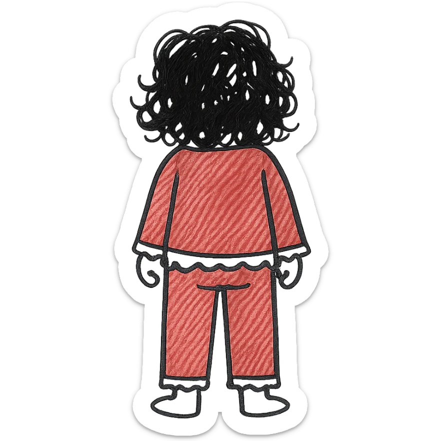 Girl from behind, wearing a red pajama with black and white lace, with curly black hair sticker