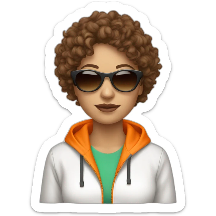 generate a brown curly hair white woman with sunglasses, she wear a orange tracksuit  sticker