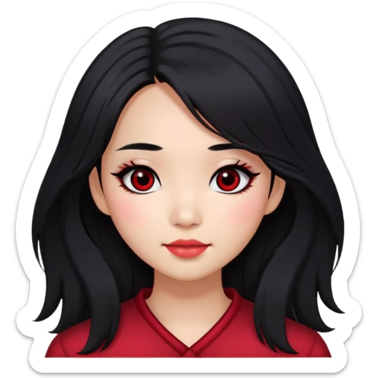 Asian girl with long shaggy black hair. middle part hair. big dark eyes. red blush. dimples. simply dark makeup sticker