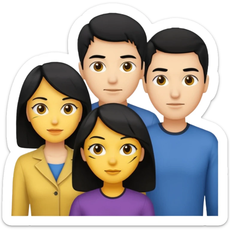 4 people, two man and two women,yellow skin,black hair, Half-body photo sticker