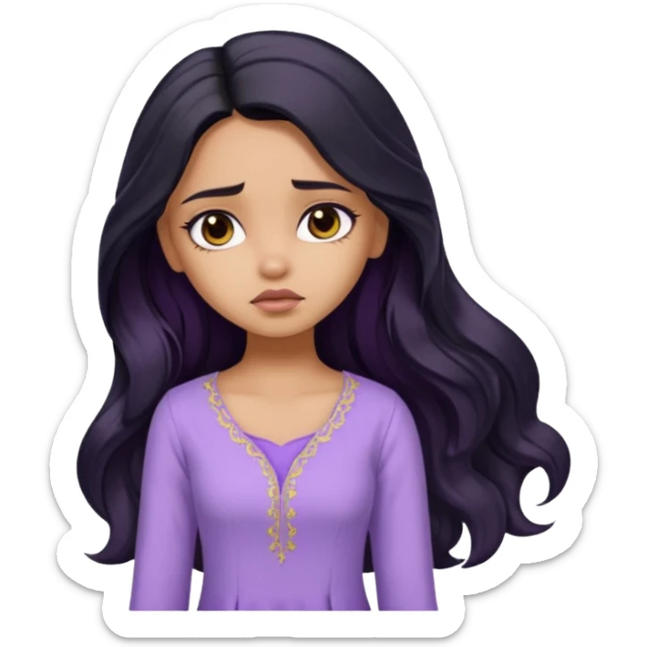 a pretty tan bratz girl with long wavy black hair, wearing a light purple kurti. looking sad sticker