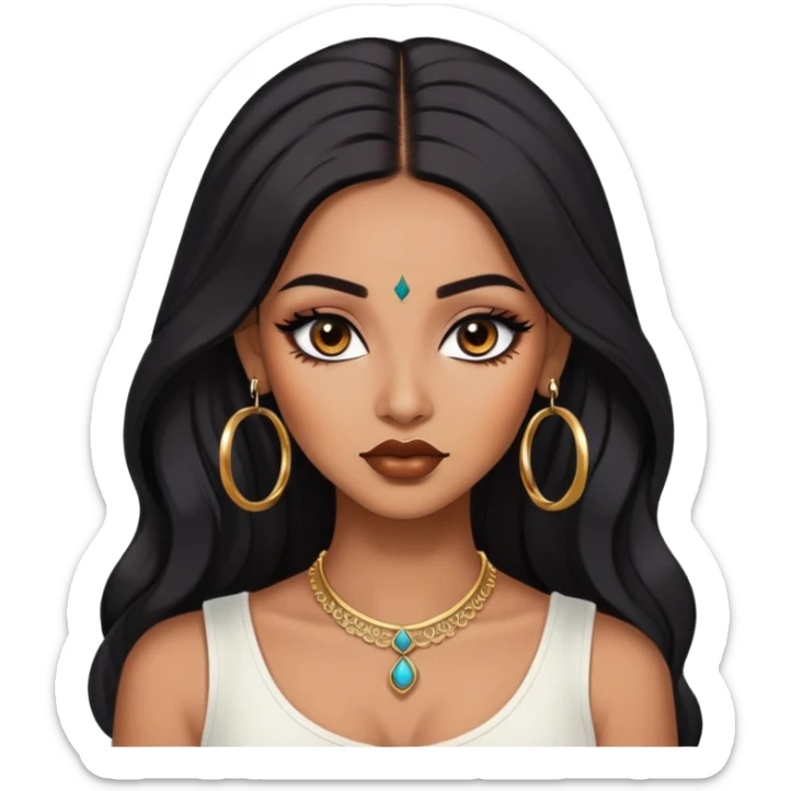 indian girl, brown skin, long black voluminous hair, brown underneath colored hair, baddie,pretty, makeup, lipliner, black eyeliner, gold hoop earrings, white top sticker