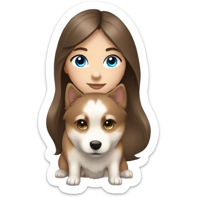 Brown haired straight long hair girl holding a brown and beige pomsky with blue eyes sticker