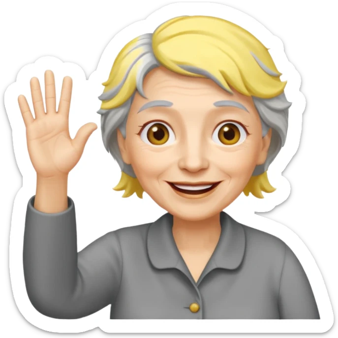 old woman with gray and yellow hair smiling and waving her hand  sticker
