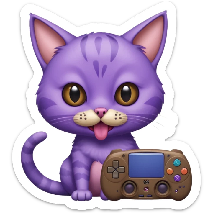 purple cat with huge eyes smelly lines and their massive brown tongue out also a playstation next to it and an ostrich on its back realistic sticker
