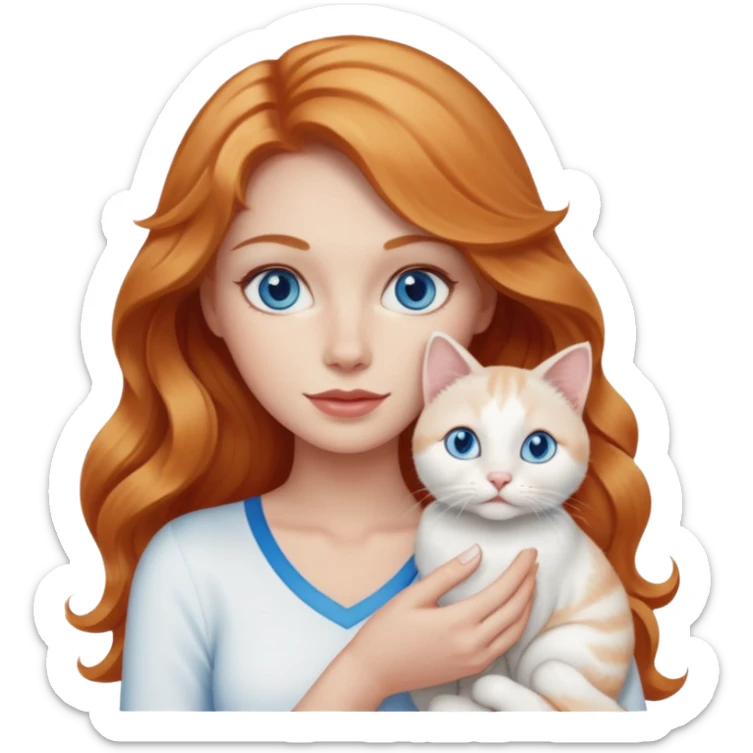 Long wavy strawberry blonde blue eyes woman with a white cat with blue eyes realistic  sticker