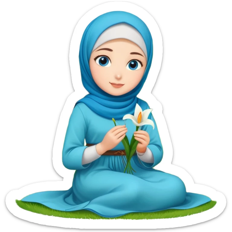 Turkish beautiful finish Konya girl blue eyes with lily flower hijab long tail dress and sits on the grass on the ground and hold lily flower on hand  sticker