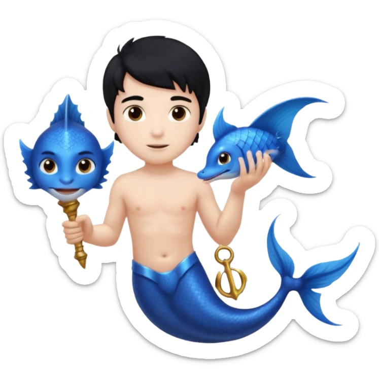 boy, black hair, brown eyes, white skin, Triton, with Triton in hand and blue Triton tail on the side. sticker