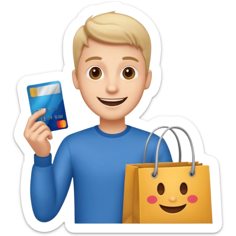 emoji of a cheerful guy with a credit card and a shopping bag sticker