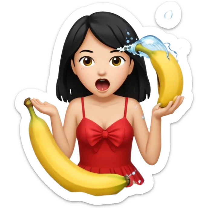 a banana splashing water in girl's mouth above her with black hair and red dress sticker