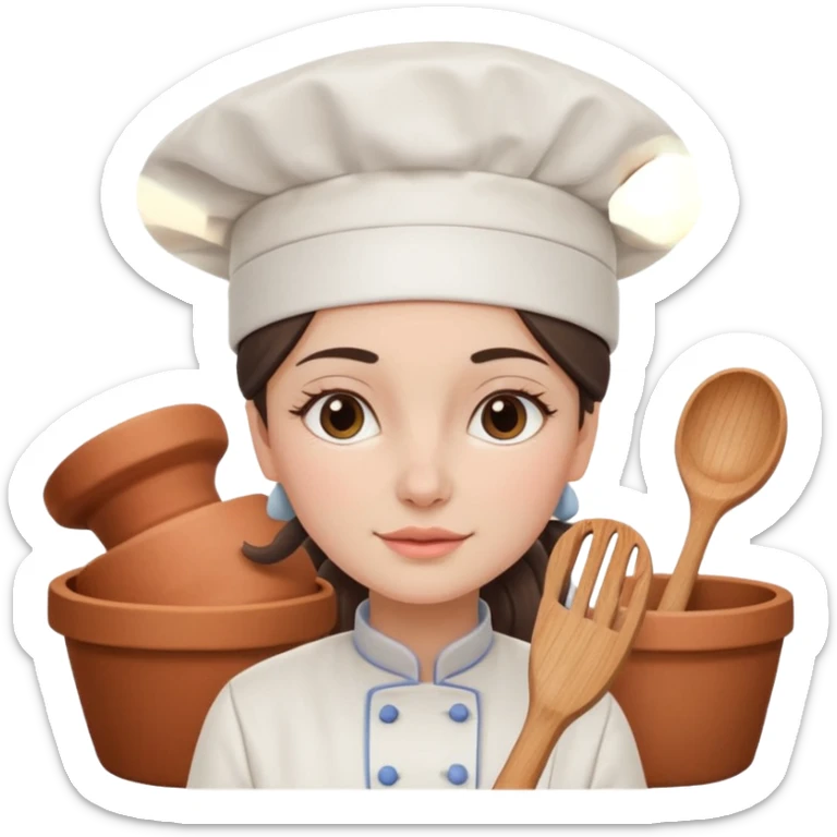 cartoon Apple iOS emoji style woman, pastel colors, Chilean wooden kitchen background, clay pots, warm light, detailed and clean vector art sticker