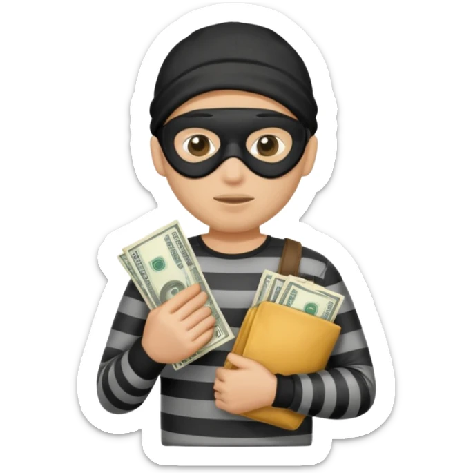 robber emoji holding a cash bag, Google style, cartoon burglar with mask and striped shirt sticker