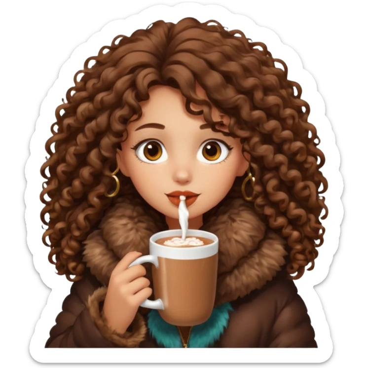 tanned girl with long brown curly hair, drinking hot chocolate , wearing oversized fur jacket sticker
