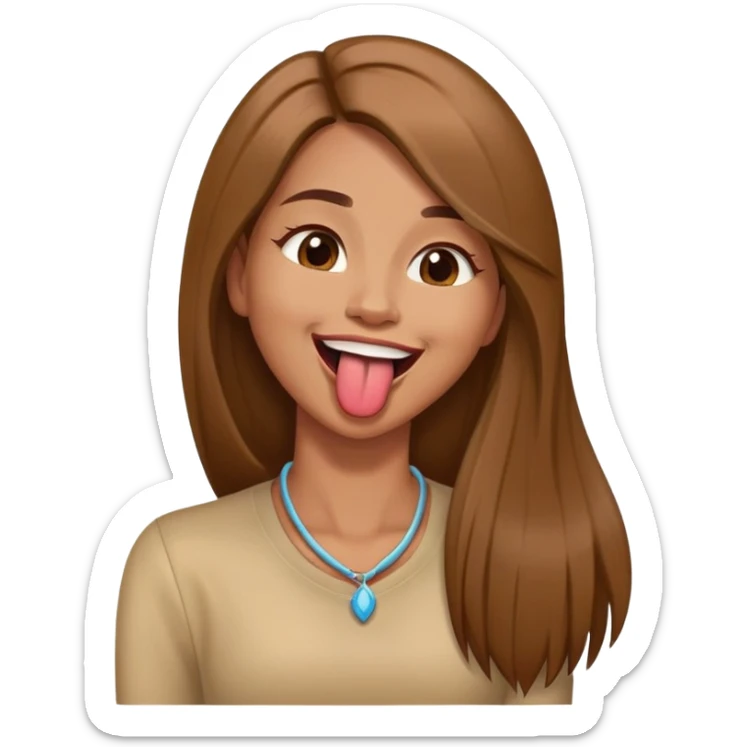 Woman with light brown skin and long brown straight hair holding her neck with her tongue out laughing  sticker