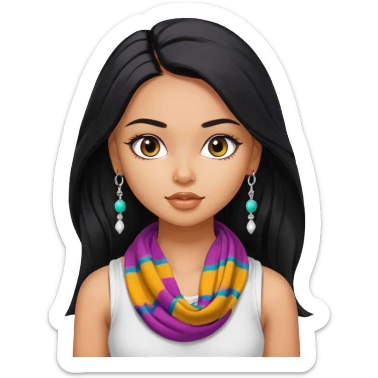 a pretty bratz girl with long black hair, kajal under eyes, small silver jhumkas. White tank top on. Colourful scarf around neck sticker
