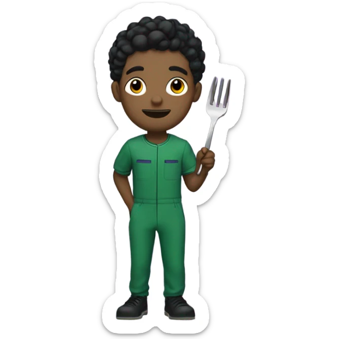 A young man with no facial hair, and hair that is part black part purple. The man has a green jumpsuit that says 230 on it and he is holding up a metal fork sticker