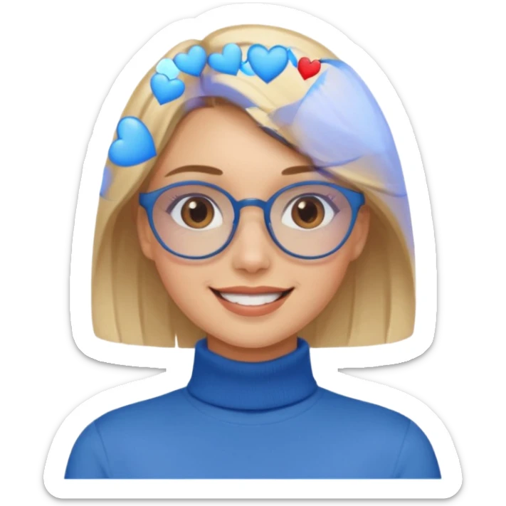Asthectic pretty Blonde women brown eyes, blue glasses, wearing a brown polo neck shirt and smiling with hearts around her. sticker