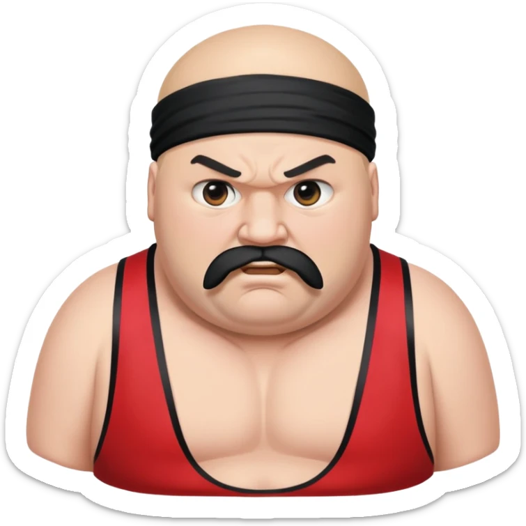 Close-up of morbidly obese white skin guy with young face, prominent BLACK DURAG tied clearly on head, distinct black beard and mustache, no muscle, black eyes in a red and black wrestling singlet with angry face sticker