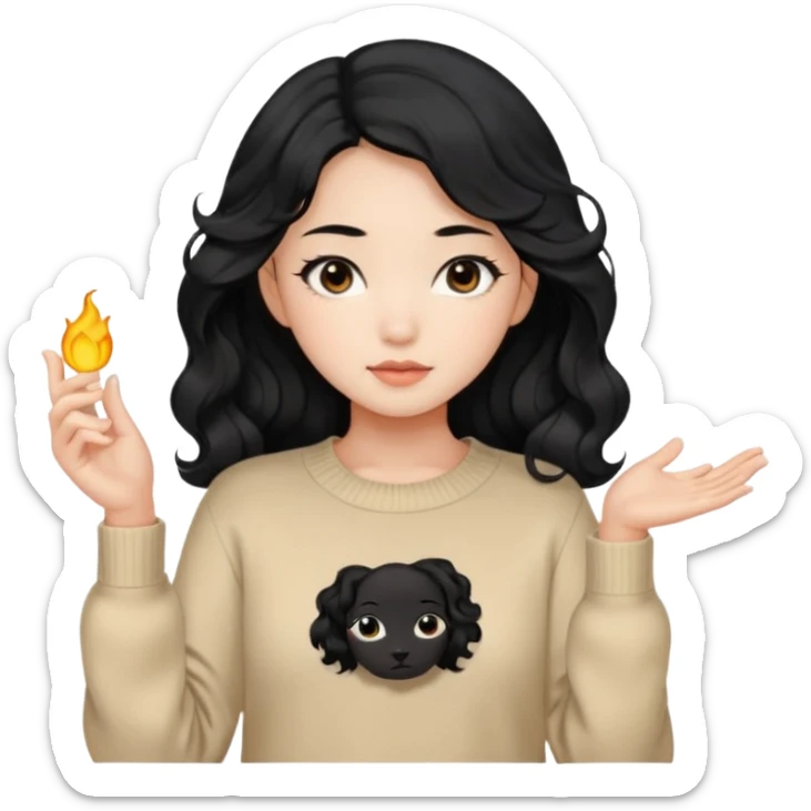 Beautiful girl,Black hair, wavy long hair,Black eyes,Chinese, beige sweater  sticker