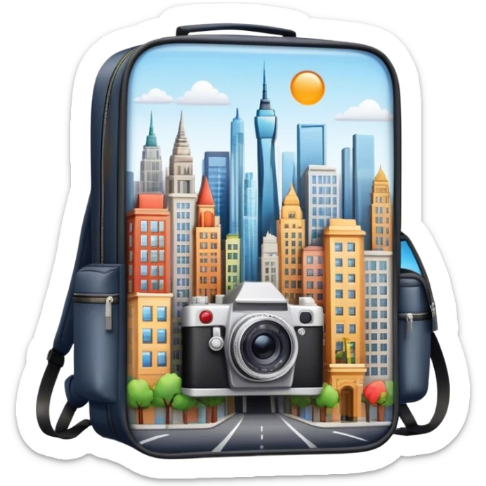 Icon for Urban Tourism: city skyline with iconic buildings, a camera and a backpack. The icon should represent the exploration of urban destinations, with elements like streets, landmarks, and vibrant city life. Transparent background. sticker