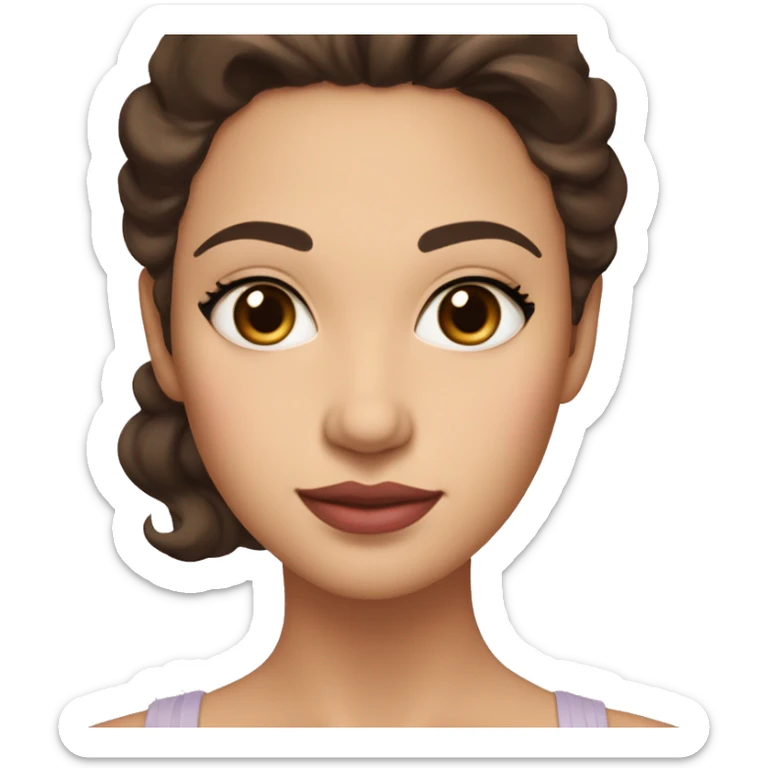 The woman has soft features, fair skin, and almond-shaped eyes. Her defined eyebrows and natural pink lips frame her face. Her dark, wavy hair is partly tied back, giving her an elegant yet relaxed look. Her expression is warm and serene.
 sticker