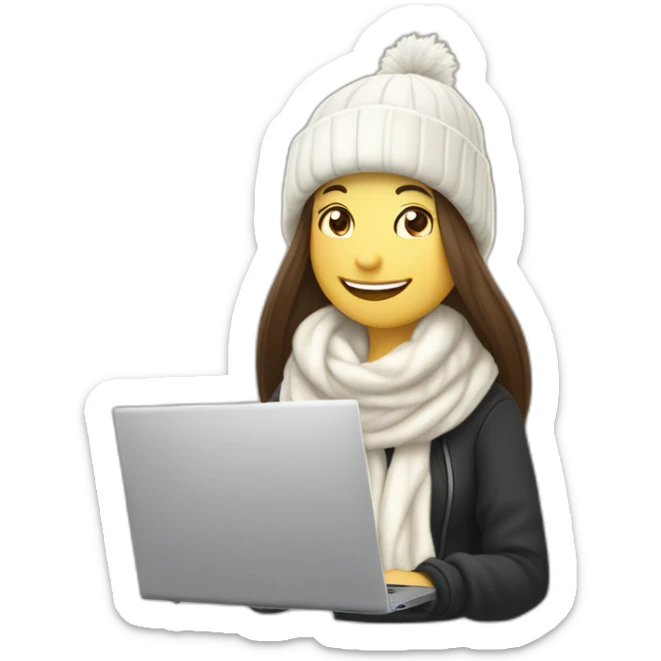 eyes closed laughing female with pale skin and dark brown straight long hair wearing white scarf and white woolly hat and black hoodie and holding a laptop and coffee mug not full body shot sticker