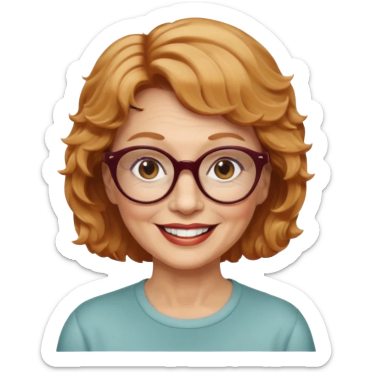 woman 70 years old, very short strawberry blonde weavy hair, brown eyes and round dark glasses smile sticker