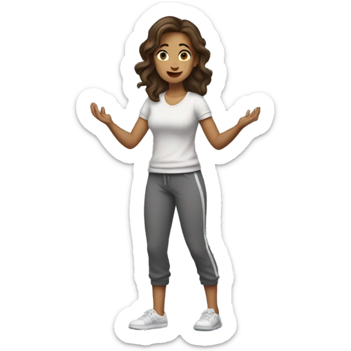 A woman in sweatpants and a t shirt standing up, full body view she is holding her arms out as if se is handing someone something, brown hair side profile  sticker
